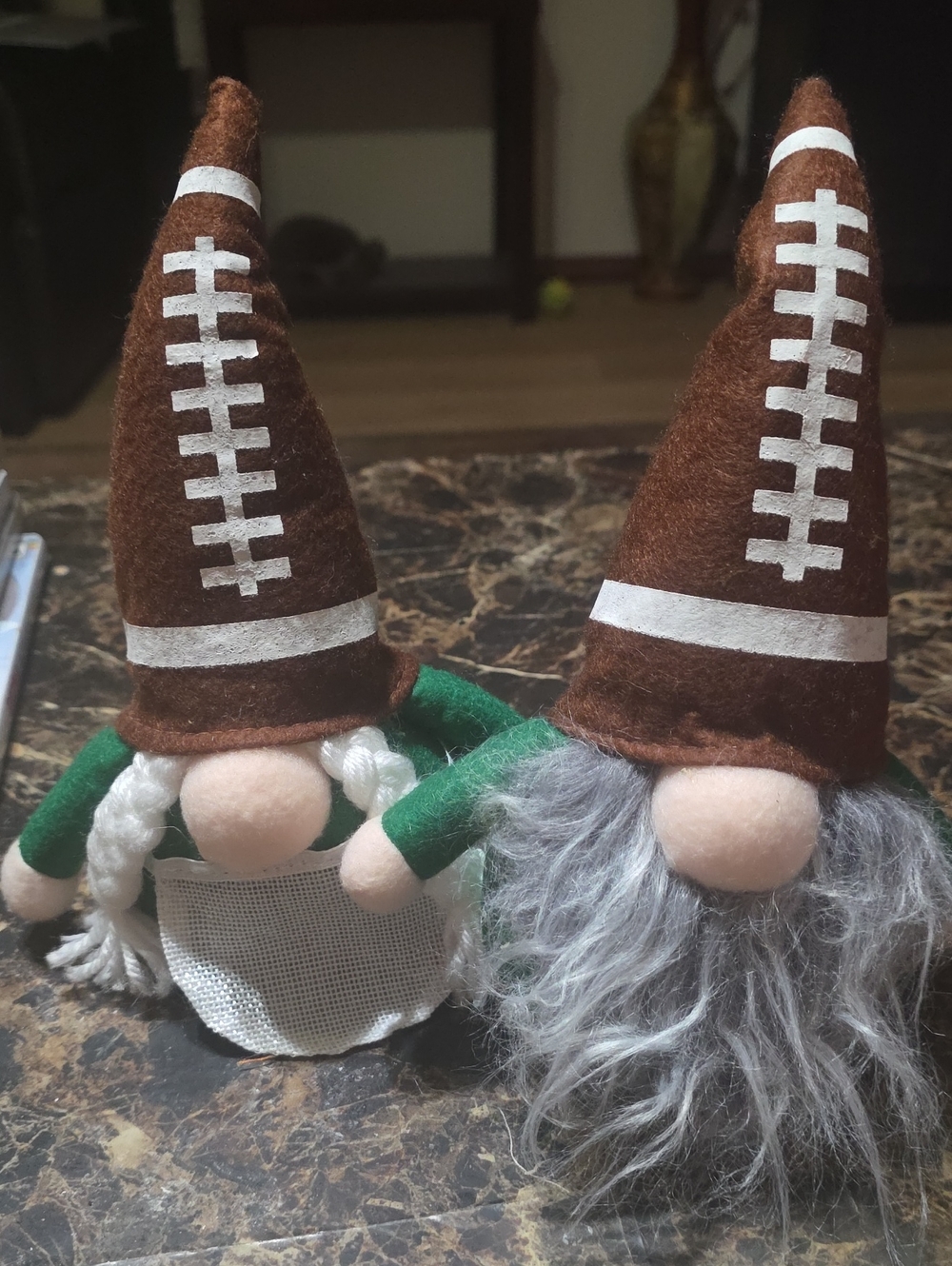 Holiday Football Gnome Couple - Brown & Green Felt Figurines
